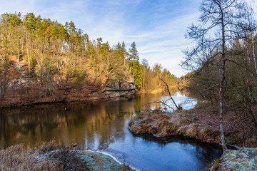 Luznice river at wintertime near Bechyne in Czech Republic.
