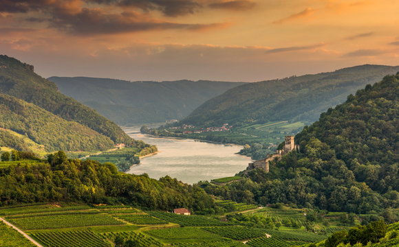 Danube river in Wachau valley with old ruins of Hinterhaus castle. Spitz. Lower Austria.