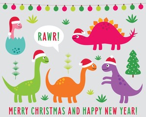 Cute cartoon dinosaurs in Santa hats set