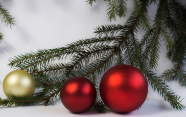 Obraz na płótnie Canvas Christmas balls hanging on fir branches on white background
