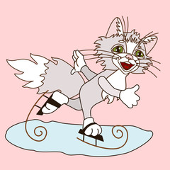 happy smiling cat ice skating, color vector emoticon on pink isolated background