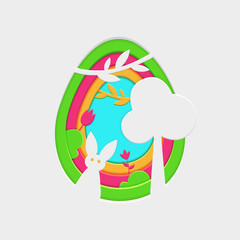 Easter scene background with bunny, tree and flowers. Paper cut style illustration