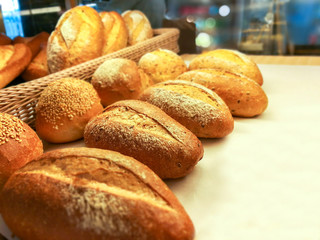 Closeup and crop French bread on the shelves sold in the bakery.