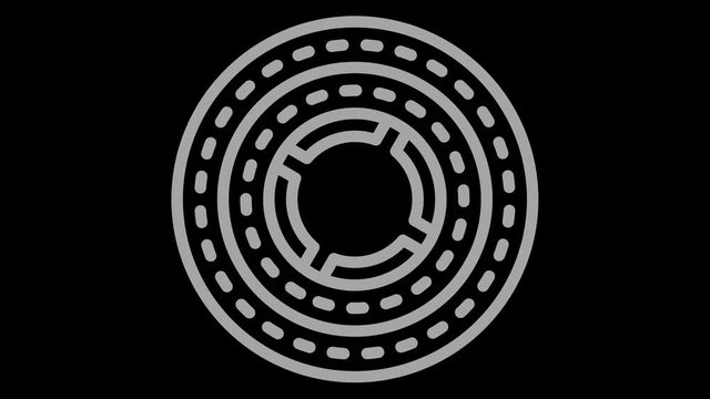Graphic object in the form of concentric circles with internal geometric shapes, in black and white with a stroboscopic and hypnotic effect, which rotates clockwise decreasing the dimensions that disa
