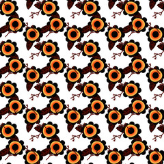 Pattern autunno con fiori arancio, foglie e rametti, isolati su sfondo bianco