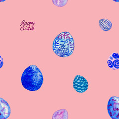 Hand drawn watercolor eggs in a seamless pattern. Background for Easter design.