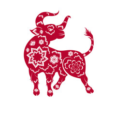 Happy chinese new year 2021 year of the ox flower and asian elements with craft style on background