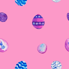 Pink and violet watercolor eggs in a seamless pattern.