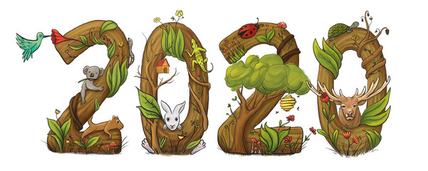 Happy New Year 2020 With Plants, Trees and Animals Who are Living in Forest. Creative Typography Illustration for Environmentalist Concept Designs.