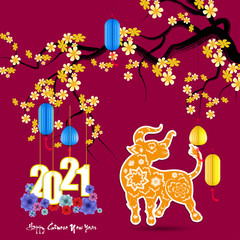 Happy chinese new year 2021 year of the ox flower and asian elements with craft style on background