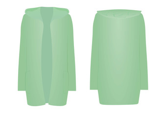 Green hooded cardigan. front open. vector illustration