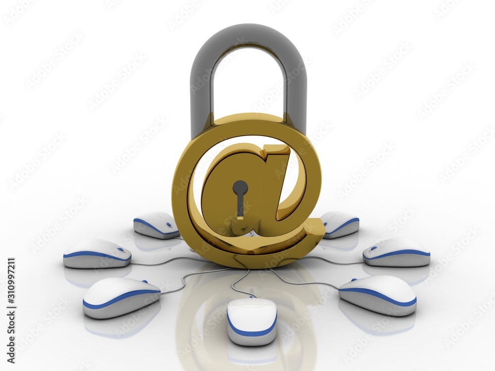 Aufkleber 3d rendering e-mail symbol protection lock connected mouse. internet security concept