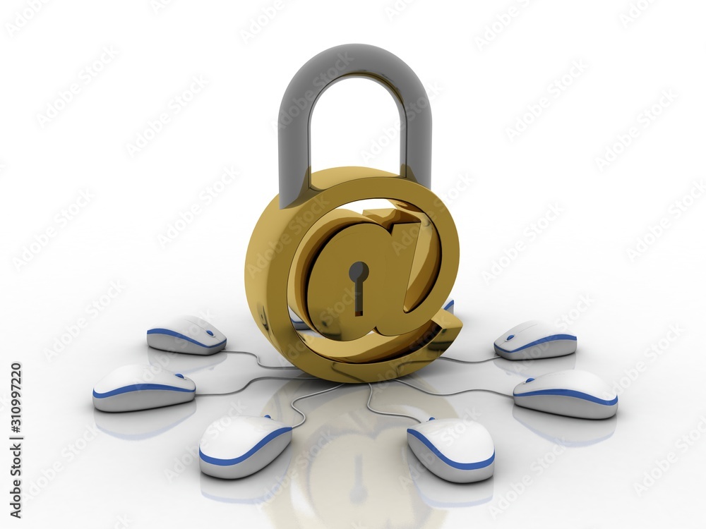 Poster 3d rendering e-mail symbol protection lock connected mouse. internet security concept