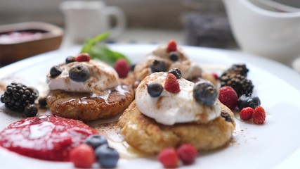 Vegan Pancakes For Breakfast With Fresh Berries. Healthy Food Concept.