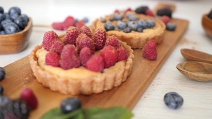 Healthy Vegan Dessert. Tartlets With Fresh Berries. Closeup.