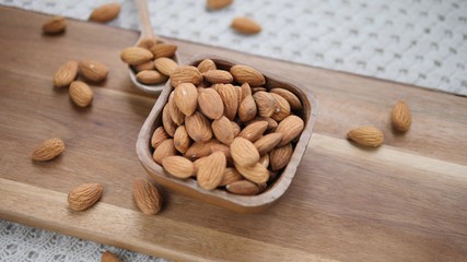 Healthy Food Concept. Almond Nuts In Wooden Bowl. Closeup.