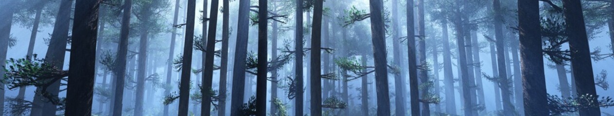 Panorama of trees in the morning fog, forest in smoke, 3D rendering.