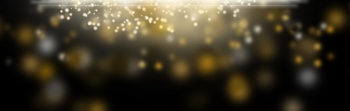 Gold Glitzer und Goldregen auf dunklem Hintergrund, Banner, Luxushintergrund, Bokeh