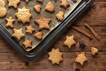 Baking gingerbread cookies on a baking sheet
