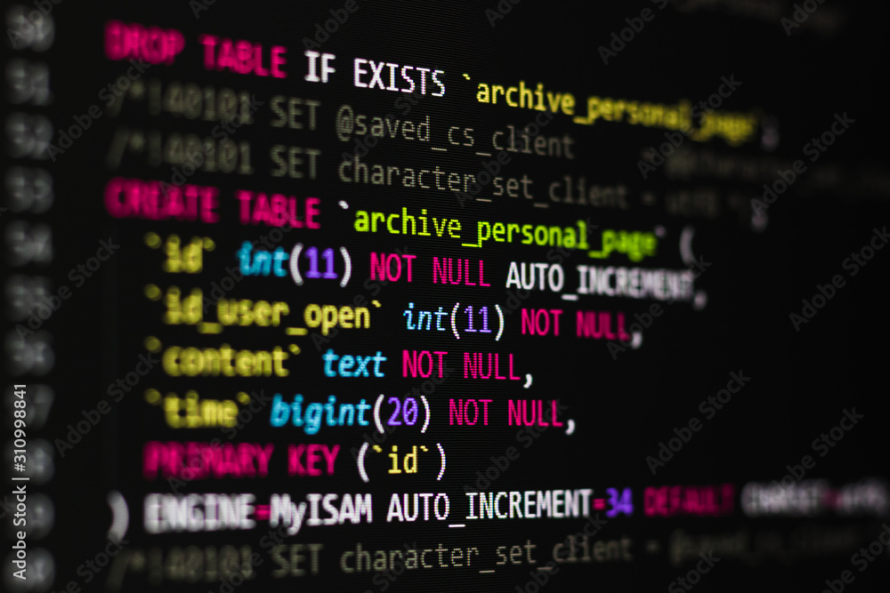 Wall mural sql code on a black background on the monitor