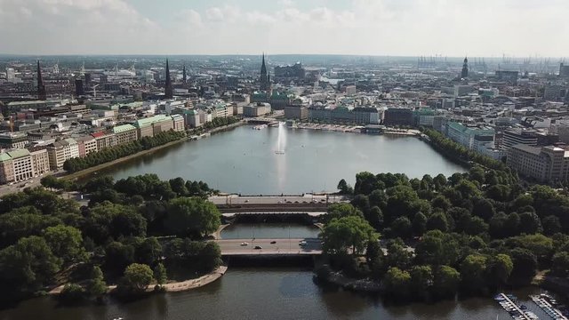 Aerial view of Lake Alster in the center of Hamburg. Geramania in the summer