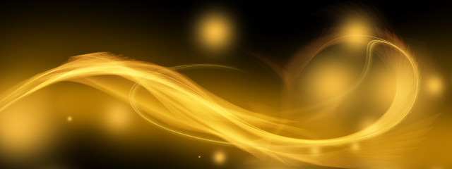 Gold Glitzer und Flammen Welle auf dunklem Hintergrund, Banner, Luxushintergrund, Bokeh