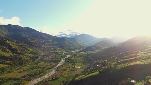 Aerial view of Bocono River crossing the city of Bococo, Venezuela