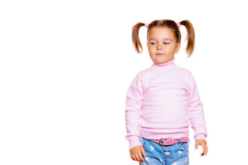 Portrait of a little Girl isolated on white. Little Girl with cute ponytail hairstyle on her head...