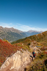 Fototapeta na wymiar Hiking in the French Alps near Le Tours looking towards Switzerland