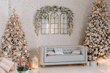 Living room with Christmas tree and gift boxes. Beautiful New Year decorated classic home interior