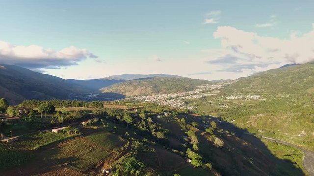 Aerial view of Bocono city at sunset in the Trujillo Andean Mountain