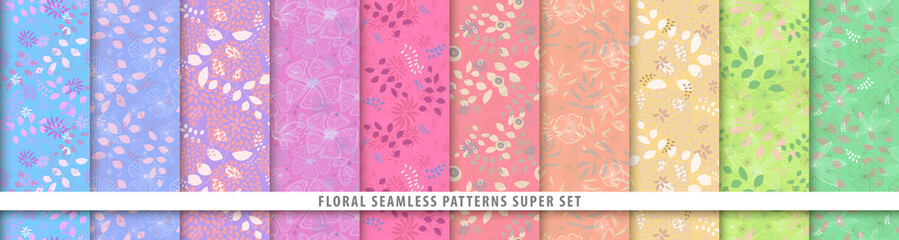 Materiał do szycia Floral seamless patterns bundle set. Flowers and leaves. Colorful vector background. Fabric and textile print