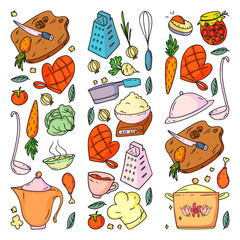 Pattern with gastronomy icons, vector cuisine and fast food cafe bright background for menu, receipts.
