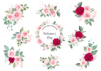 Fototapete Blumen Set of floral arrangements and frame. Flowers illustration decoration of red and peach flowers, leaves, branches. Vector botanic elements for wedding or greeting card design