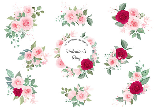 Set of floral arrangements and frame. Flowers illustration decoration of red and peach flowers, leaves, branches. Vector botanic elements for wedding or greeting card design