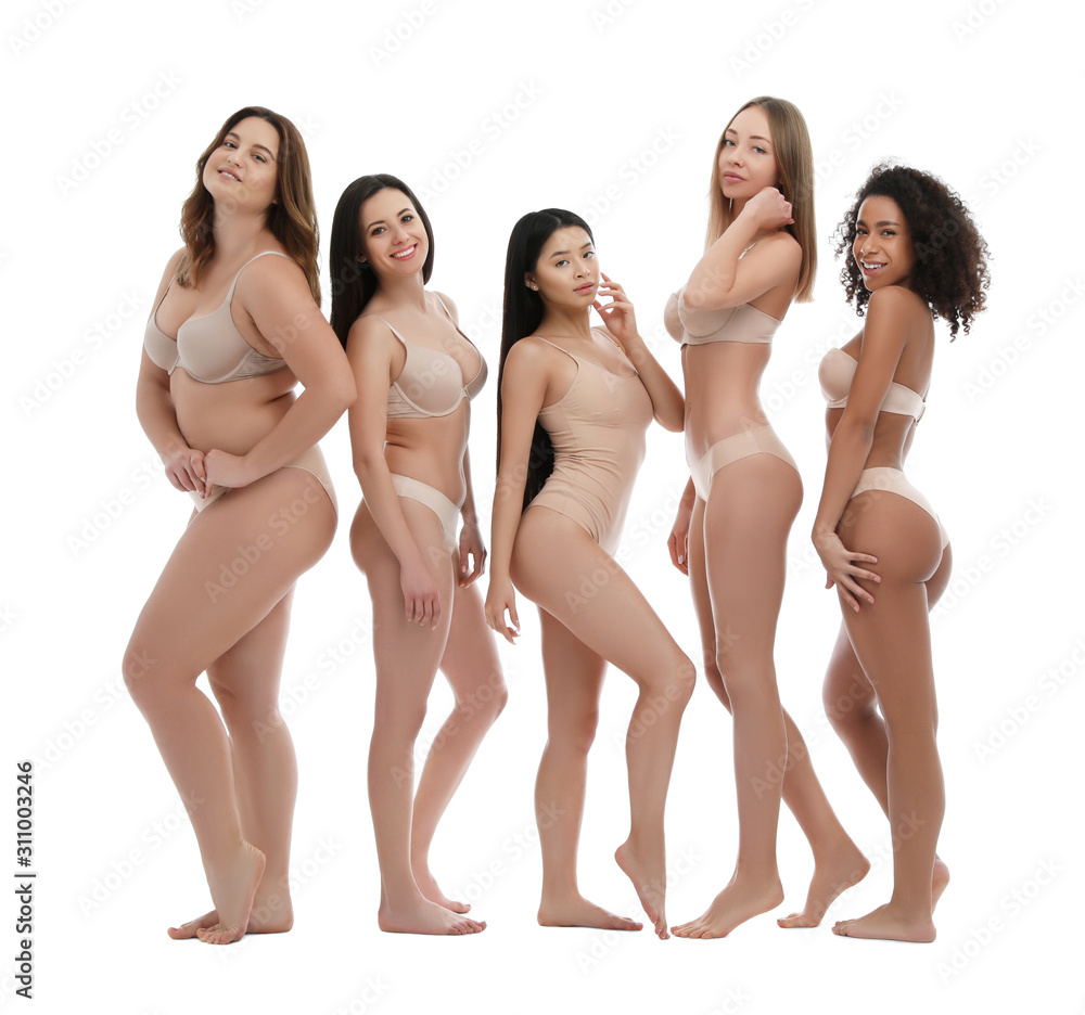 Wall mural group of women with different body types in underwear on white background - Wall murals