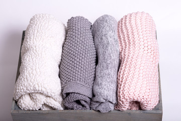 textile things are knitted, cotton folded according to the method of konmari. concept order, comfort, close-up