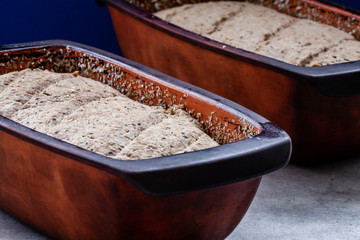 Sourdough bread during rise time, almost ready to bake. Two portions of dough in clay rectangular moulds. Wheat bran at forms sides.