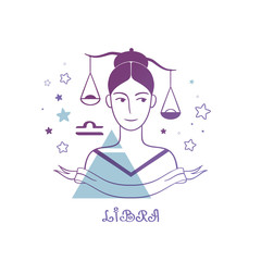 Libra astrological sign in doodle style. Cute girl with star's background and the air symbol