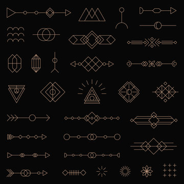 Modern vector line symbol set made in Tribal style. Collection of 33 geometric line art design elements. Isolated on black background.