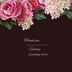 Bouquet of garden flowers. Pink roses and white hydrangea isolated on dark background. Floral card with copy space. For invitations, greeting, wedding card.