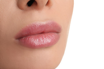 Fototapeta premium Woman with beautiful full lips on white background, closeup