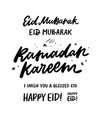 Ramadan Kareem and Eid Mubarak hand drawn lettering. Vector templates for greeting card, invitation, banner, poster design.