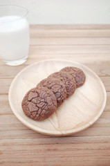 Homemade Brownie Chocolate Cookies on Plate with Fresh Milk For Kids                                                                  