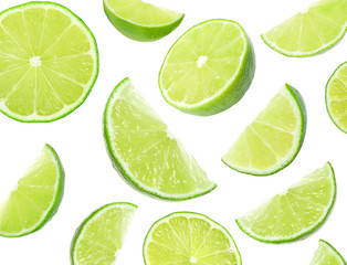 Collage of flying cut limes on white background