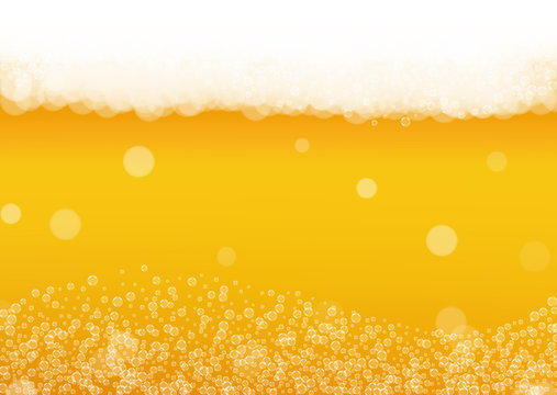 Splash beer. Background for craft lager. Oktoberfest foam. Hipster pint of ale with realistic white bubbles. Cool liquid drink for restaurant menu design. Gold glass with splash beer.