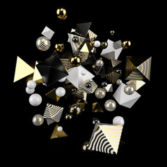 Garland of gold, white, and black glossy balls and prisms on a black matte background. Studio light. 3d illustration, render