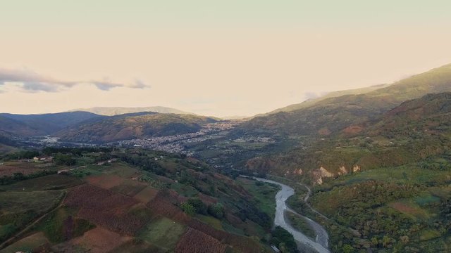 Aerial view of Bocono River crossing the city of Bococo, Venezuela