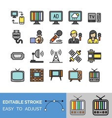 Television and technology related TV and sound mike and remote vectors in filled style