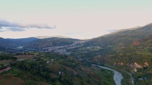 Aerial view of Bocono River crossing the city of Bococo, Venezuela